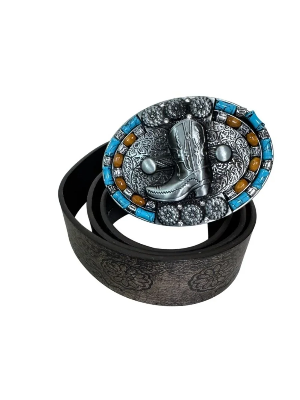 Western Style Belt Ornate Boot Buckle Embossed Faux Floral Leather Turquoise 39